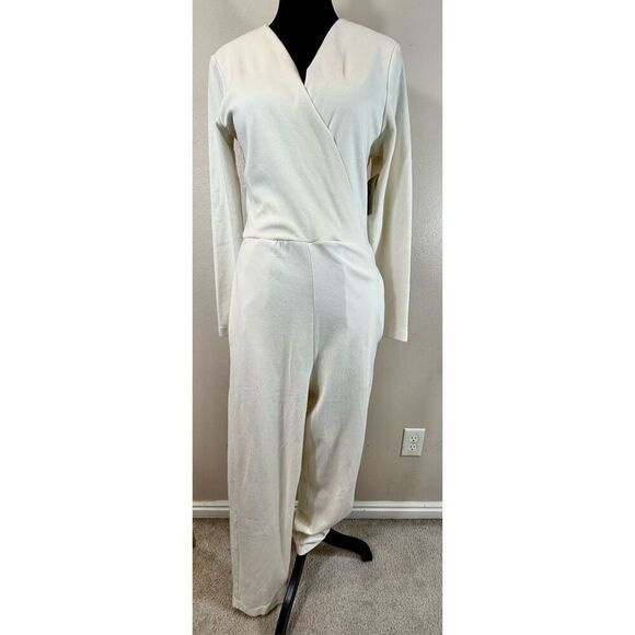 NWT For Days Ecru Long Sleeve Crossed Bodice Wide Leg Romper Jumpsuit Womens XS - Picture 1 of 16